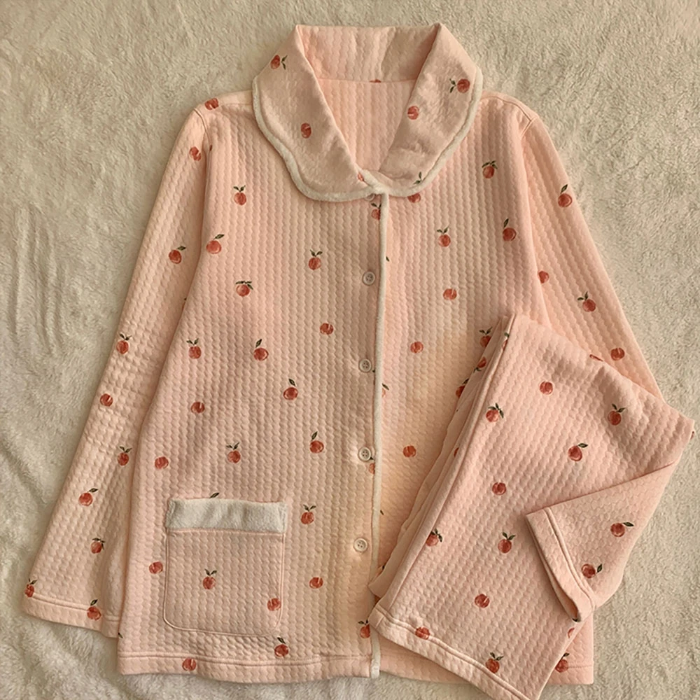 Long Sleeve Thick Warm Japanese Air Cotton Home Wear Women's Lapel Cardigan Casual Plus Size Set Spring Fall Lady Pink Sleepwear