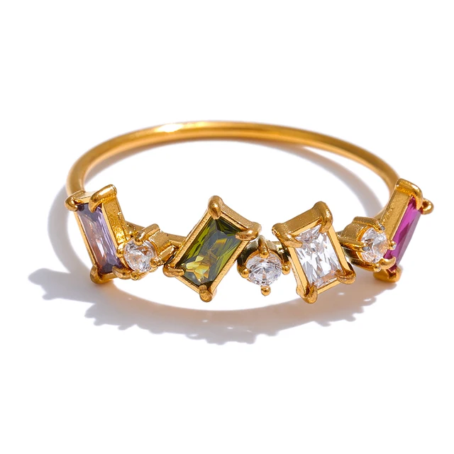 Yhpup Chic Bling coloré cubique zircone mince bague de mode étanche en acier inoxydable à la mode exquis doigt CZ bijoux