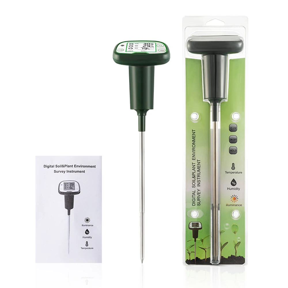 

Digital Soil Meter 4-in-1 Soil Temperature Sunlight Intensity Air Humidity Meter Sensor Screen LCD Backlight Hygrometer