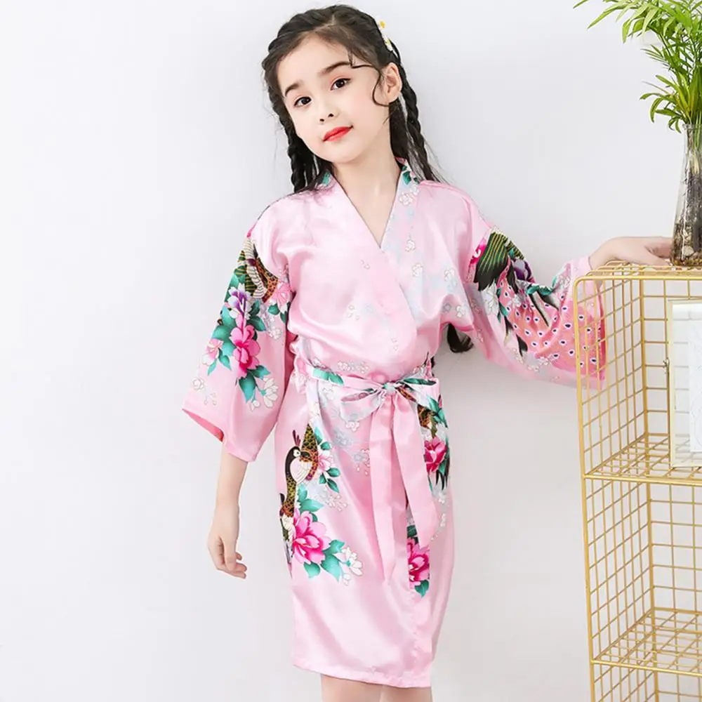 Comfortable Girls Children Long-Sleeve Floral Printing Dressing Gown Bath Robe Sleepwear For Home Daily Wear