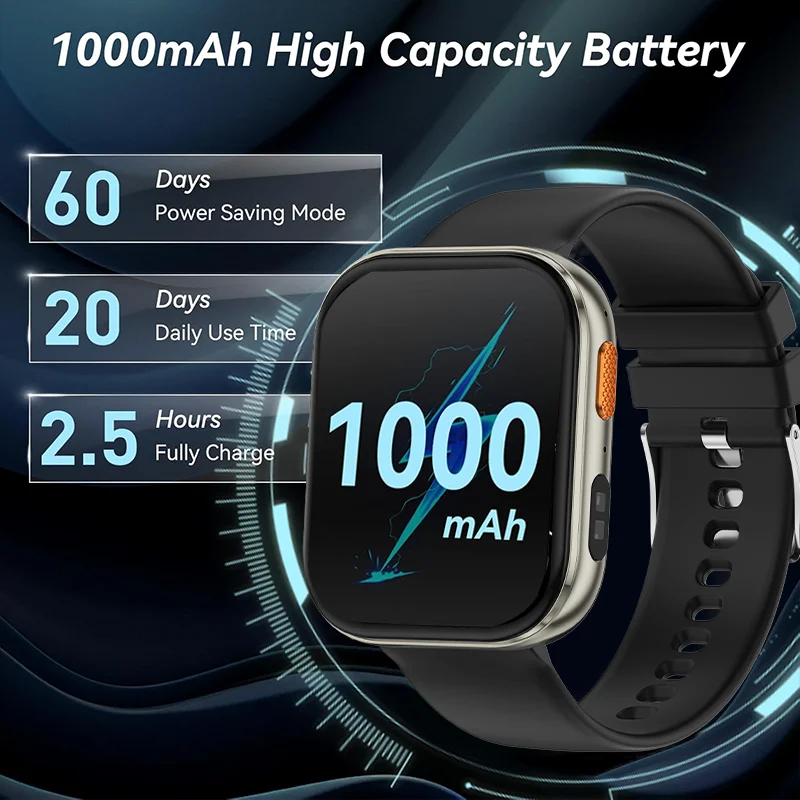 야외용 신형 1000mAh 스마트워치 2.04인치 HD 화면 스마트워치 LED 플래시라이트 100+ 스포츠 모드 BT 통화 방수 스마트워치 남녀공용