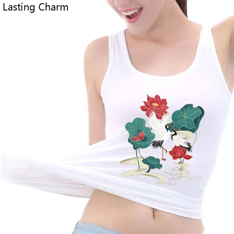

Chinese style Lotus And Crane Harajuku Print Tank Top Women's Yoga Sports Workout Sleeveless Top Gym Tops