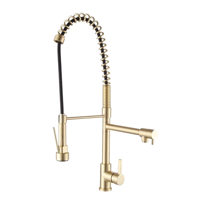

Pre Rinse Kitchen Sink Faucet High Arc Pull out Down Spring Swing Spout Sprayer desk Mount brass Brushed Gold water filter tap