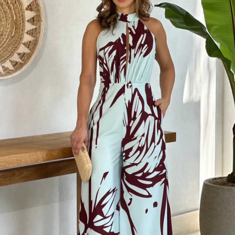 

2023 New Fashion Women Jumpsuit Summer Sexy Halterneck O Neck Sleeveless Jumpsuit Casual Wide Leg Jumpsuit Long Pants Female
