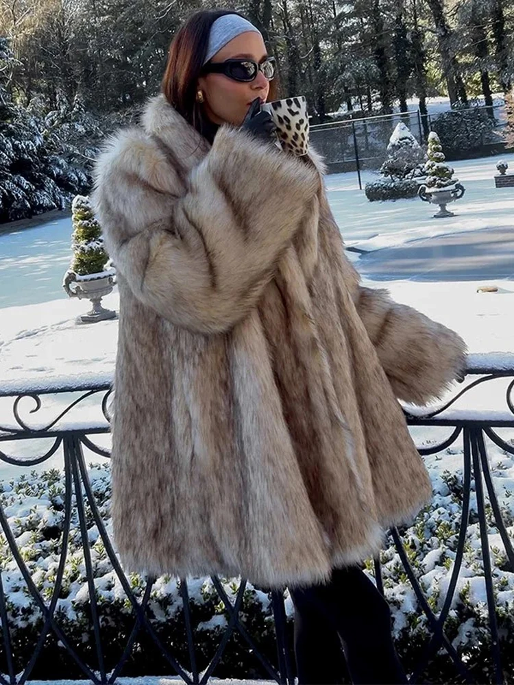 Winter Women Luxury Faux Fur Coats Fashion Long Sleeve Lapel