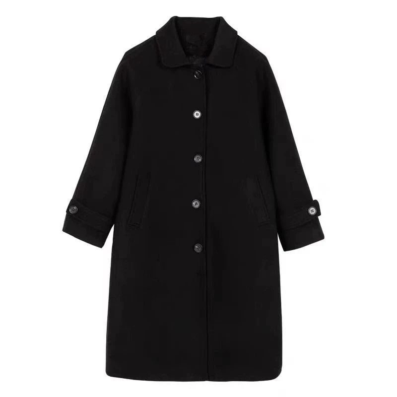 2023 Autumn Winter Women Woolen Overcoats Korean Lady Casual Loose Outerwear Black Long Coats Pure Color Basic Button Jackets
