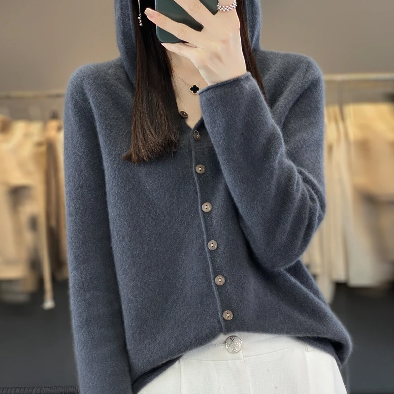 Hooded Cashmere Cardigan 100% Merino Wool Women's Hooded Sweater Cardigan Solid Color Warm Loose Knit Top 4