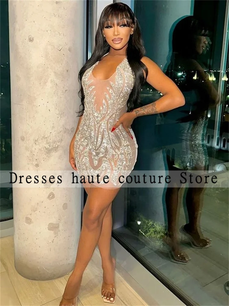 Sexy Silver Beaded Short Prom Dresses Sparkly Rhinestone Crystal Birthday Cocktail Dresses Birthday Party Gowns Customized