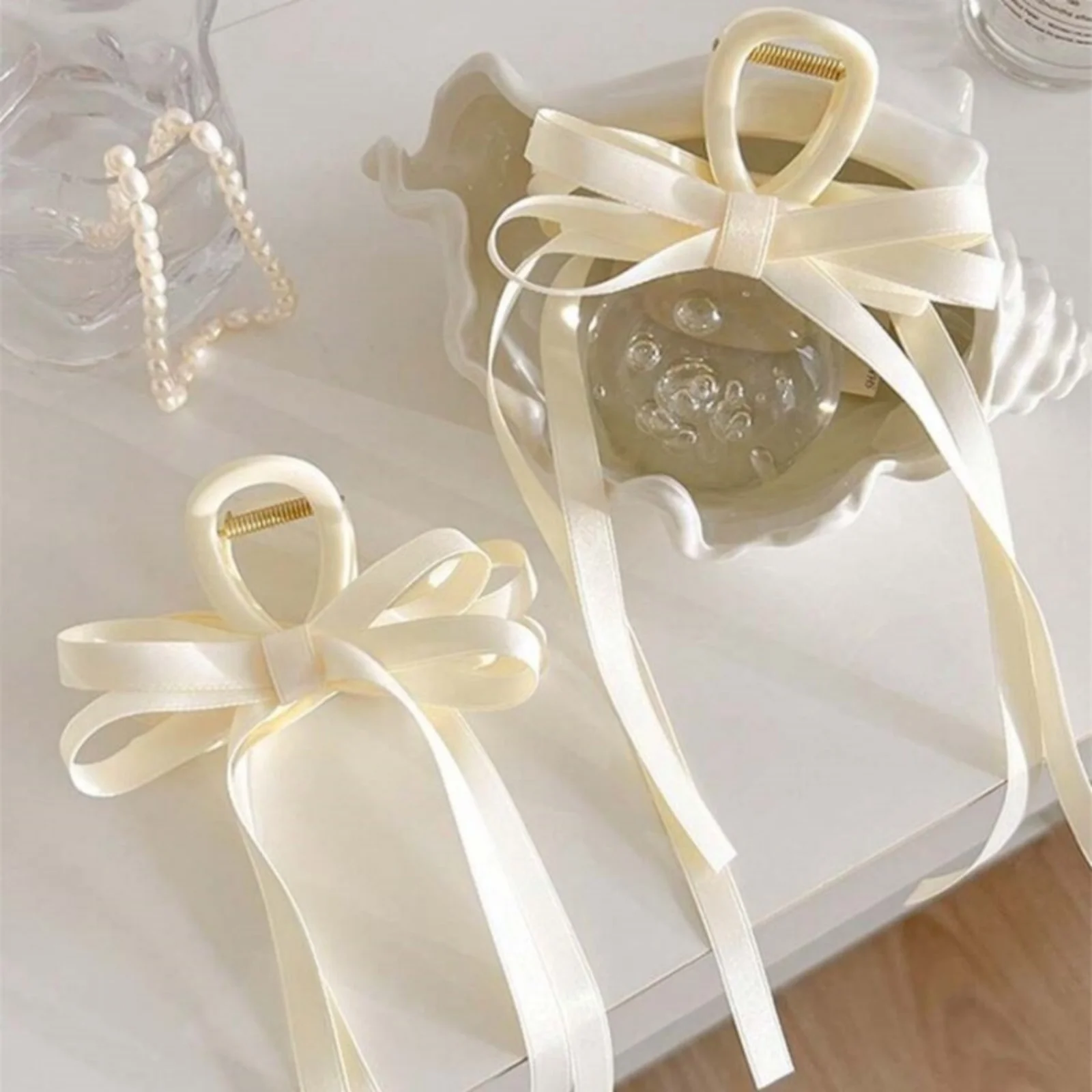 1PC Satin Bow Hair Claw Clip, Elegant Long Ribbon Hair Accessory, Chic Beige Hair Clip For Women, Trendy Updo Hair Decor