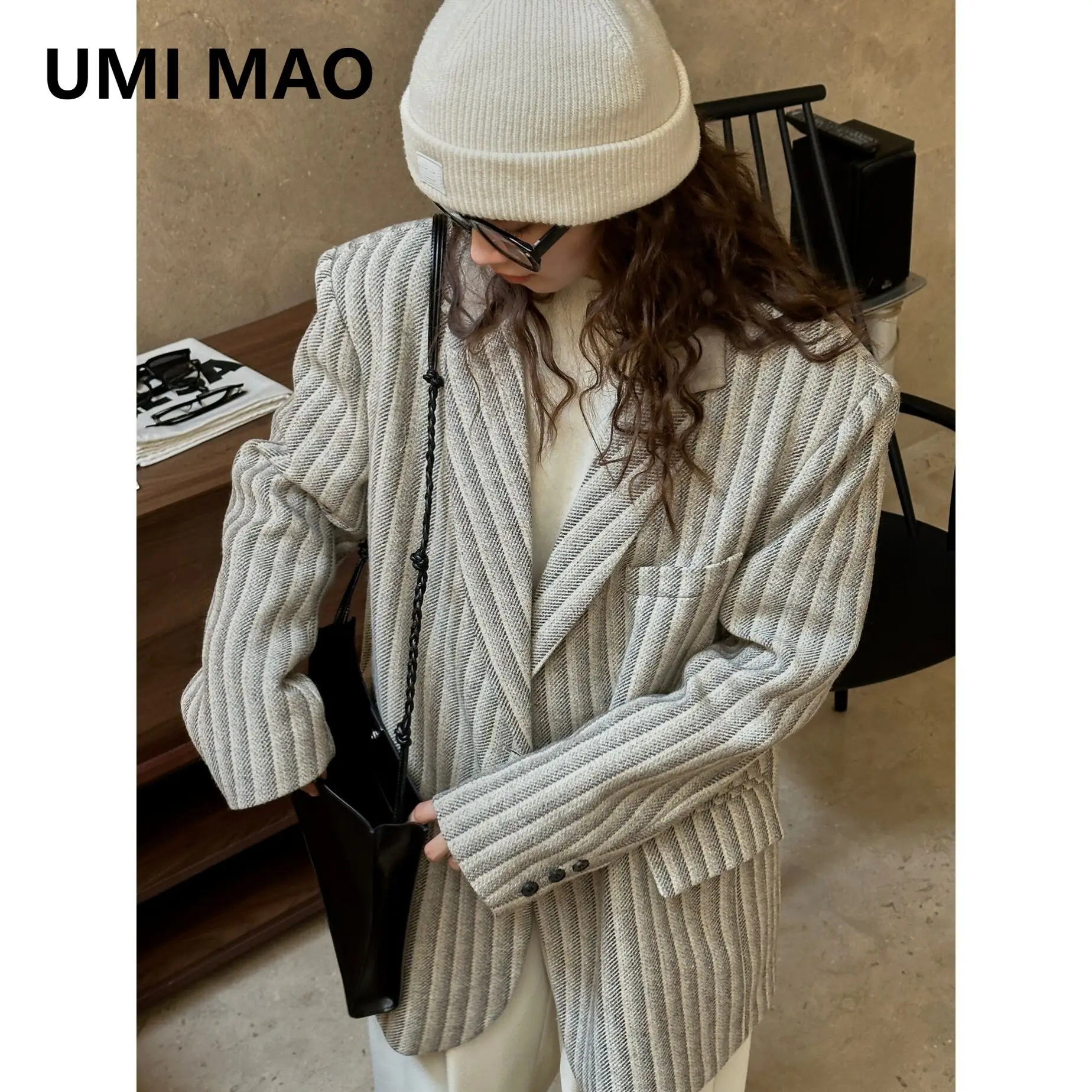 

UMI MAO Wool Stripe Blazers Winter Jacket New Paris Old Money Style Loose Silhouette Comfortable Warm Slim Black Coat Women