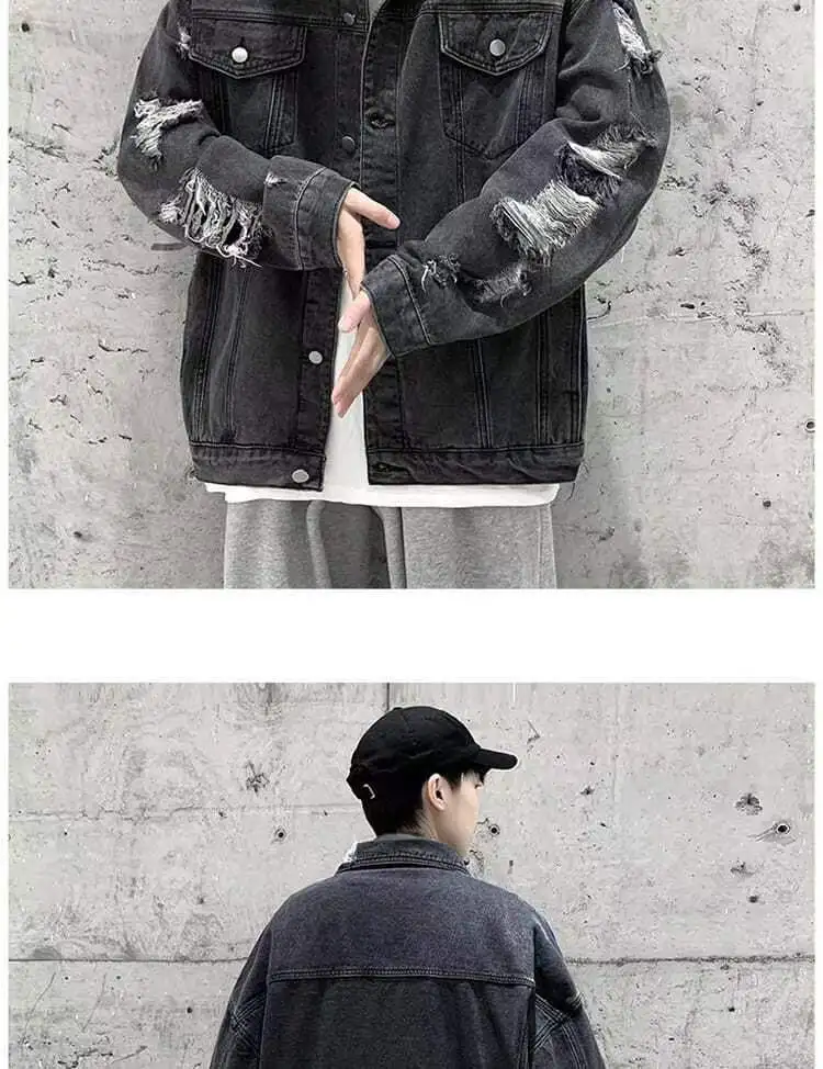 Spring Autumn Ripped Denim Jackets Men's Causal Loose Oversize Handsome High Street Overcoat Men Tops Male Clothes