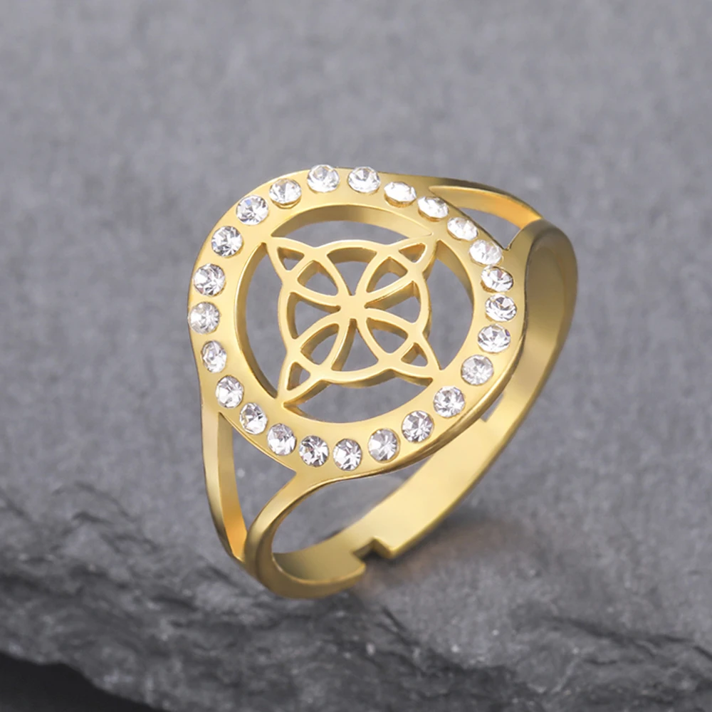 Dawapara Witches Knot Adjustable Women’s Ring with Clear Zircon - Stainless Steel Religious Jewelry