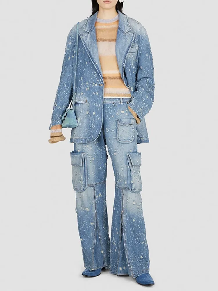 KBQ Distressed Spliced Raw Hem Denim Blazers For Women Notched Collar Long Sleeve Streetwear Blazer Female Chic Style Clothing