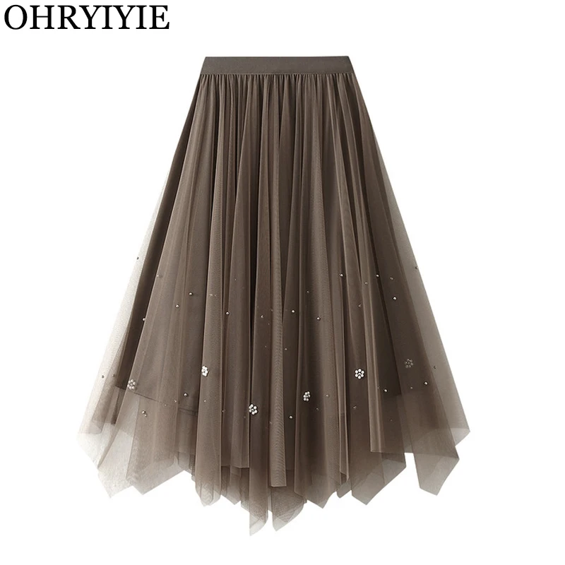 

OHRYIYIE Fashionable Long Irregular Tulle Skirt for Women New High Street Beading Tutu Pleated Skirt High Waist Maxi Mesh Skirt