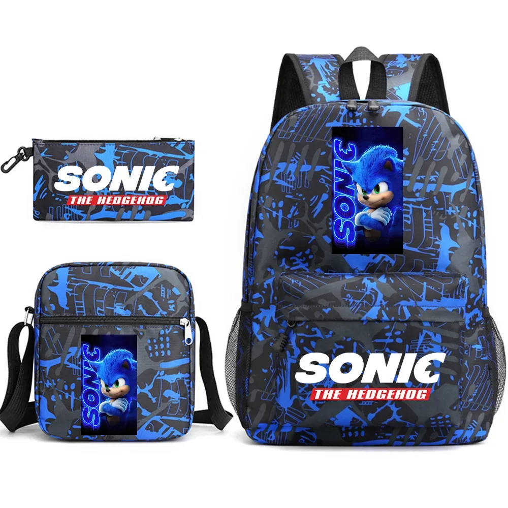 

Gifts Cartoon Sonic Schoolbag Three-piece Set Sonic The Hedgehog Backpack Large Capacity Student Outdoor Computer Canvas Bag