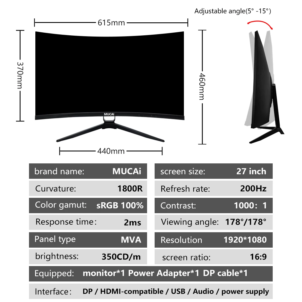 MUCAI   ÷ 16:9 MVA 165Hz FHD ũž LED  200Hz ǻ ȭ, 1800R DP, 1920x1080, 27 ġ
