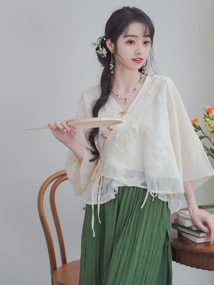 

Chinese Clothes for Women Suits Red-crowned Crane Embroidered Tea Clothing Set Spring Short Shirt Women's Two Piece Pant Set