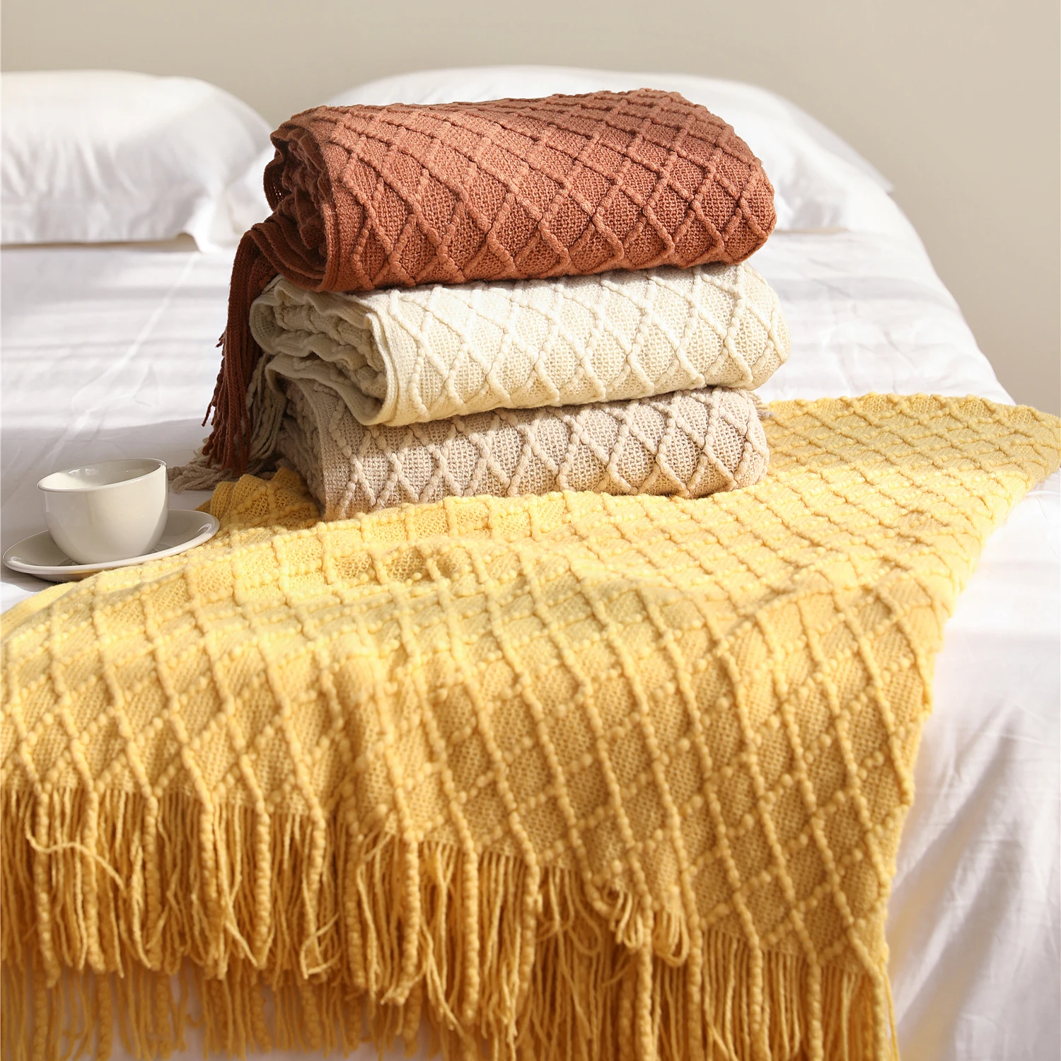 Battilo Beige Knitted Throw Blanket Soft Knit Throws For Bed Plaid Bedspread On The Bed Decorative Sofa Blanket LivingRoom Decor 2