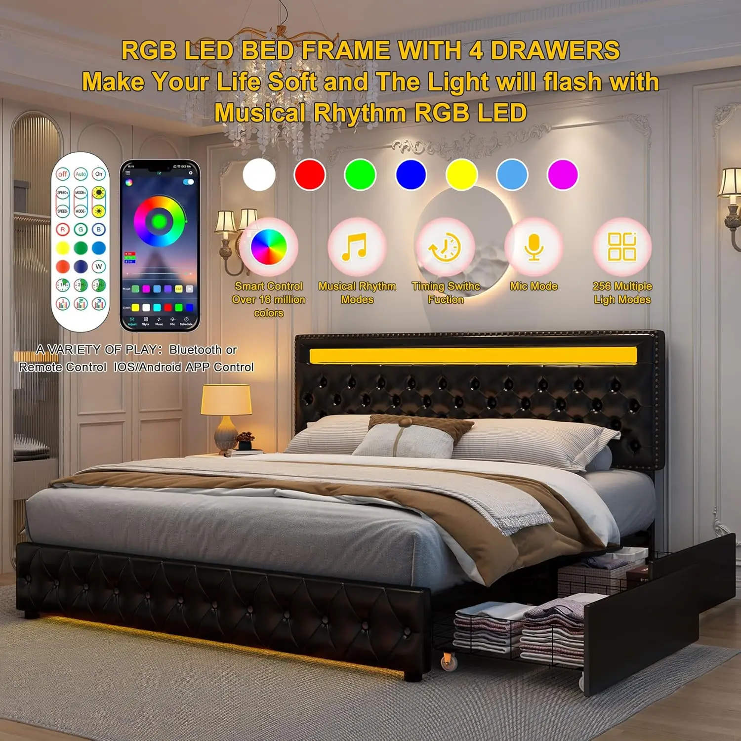 Queen Led Bed Frame with 4 Storage Drawers, with Smart Control RGBW LED Lights Headboard Footboard, Control DIY Color 4