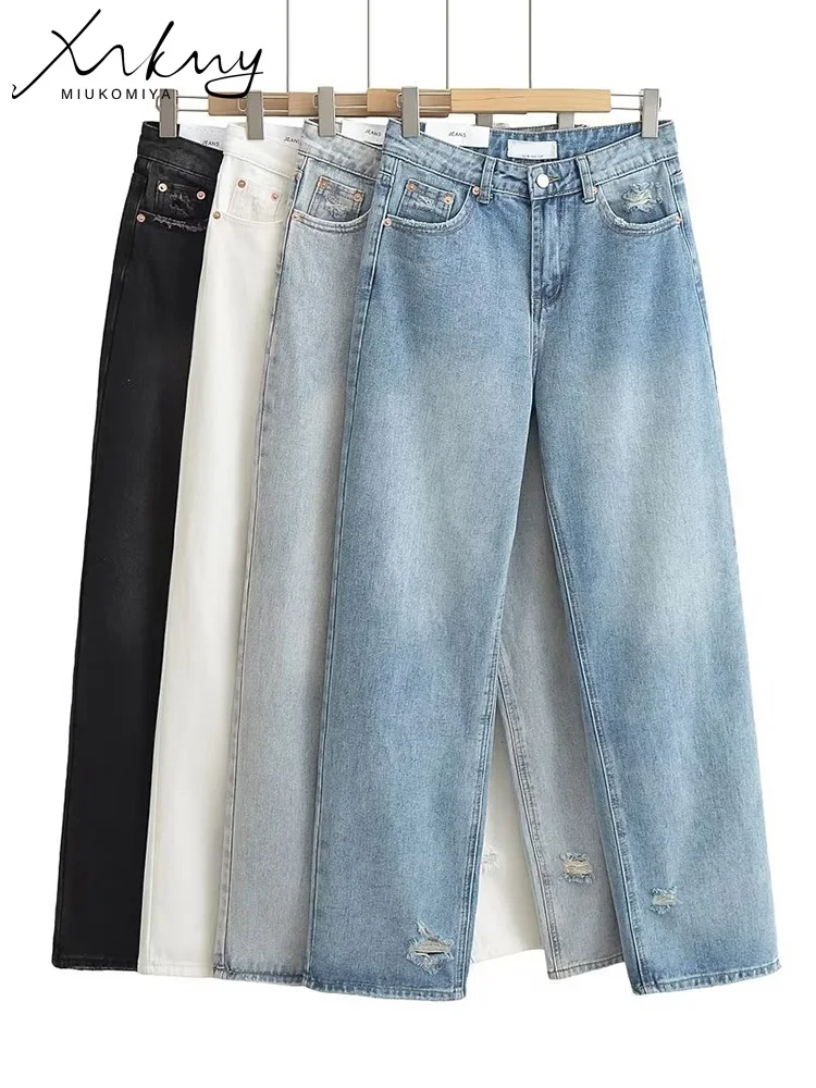 MiKoMiYa Summer Ripped Jeans For Woman High Waist Streetwear Straight Women's Denim Pants Ripped White Wide Leg Jean Trousers