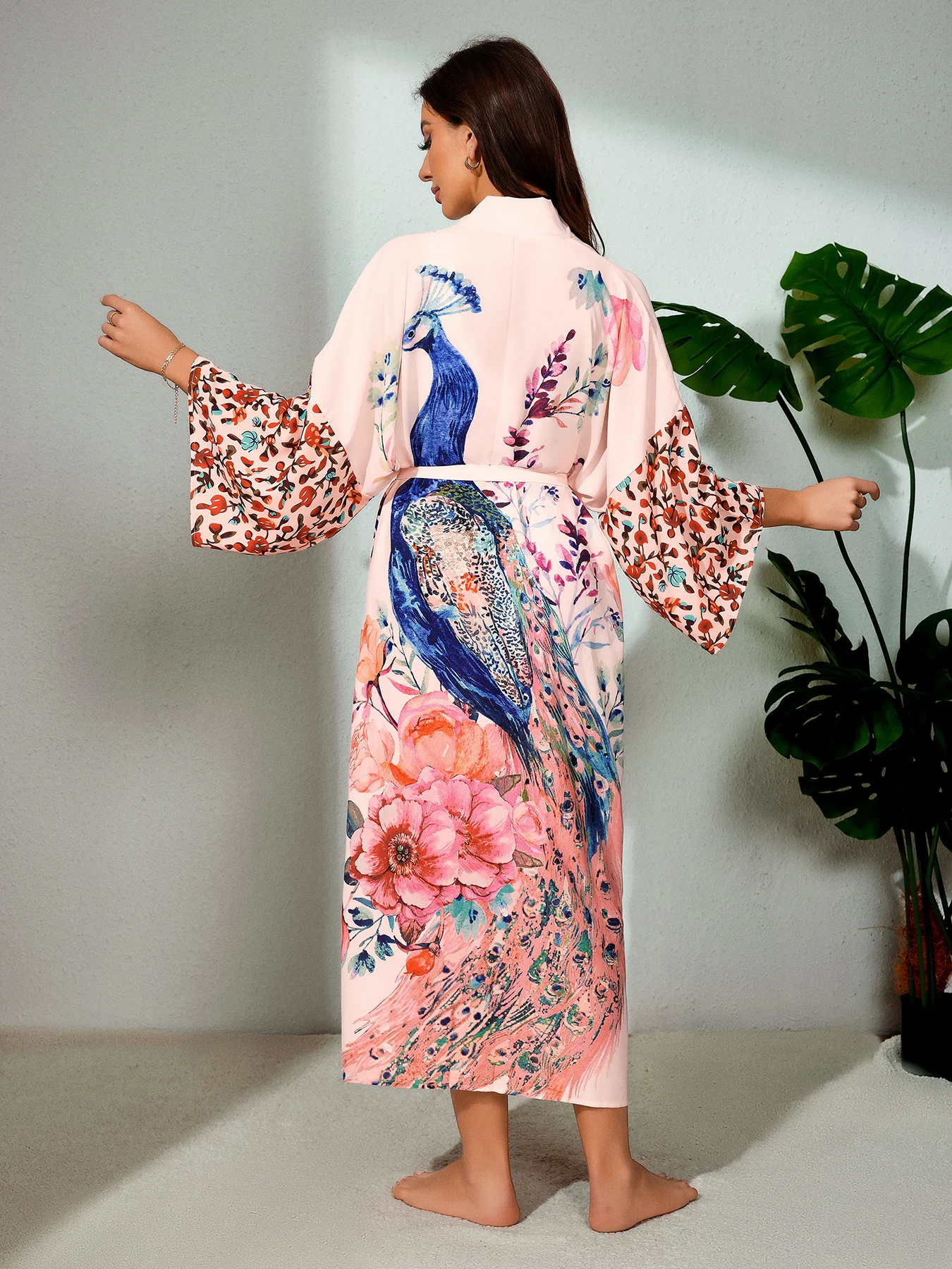 Peocock Printed Beach Cover Ups Kimono Summer Self Belted Women Wrap Dresses Bohemian Dresses Holiday Bathing Suits