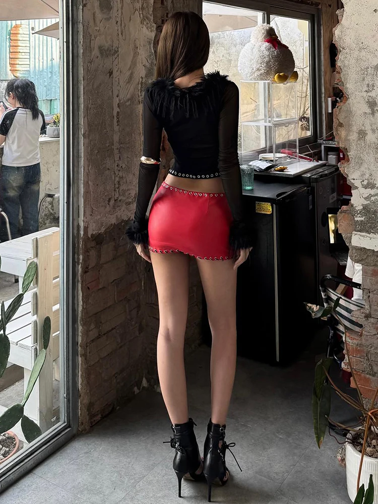 Nibber Shirring Coquette Feather Mesh Patchwork T-Shirts Women Metal Hollow Full Sleeve Stretch Midnight Party Sexy Clubwear