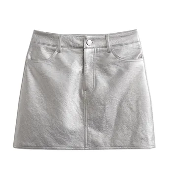 TRAF Women Fashion Front Pockets Faux Leather Silver Mini Skirt Vintage High Waist Zipper Fly Female Skirts Mujer