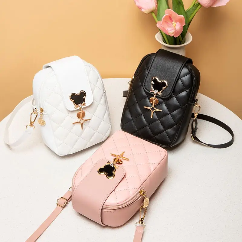 Kawaii Disney Mickey Mouse Cartoon Fashion Women's Leather Crossbody Bag Simple Women's Casual Shoulder Mobile Phone Bag Gift