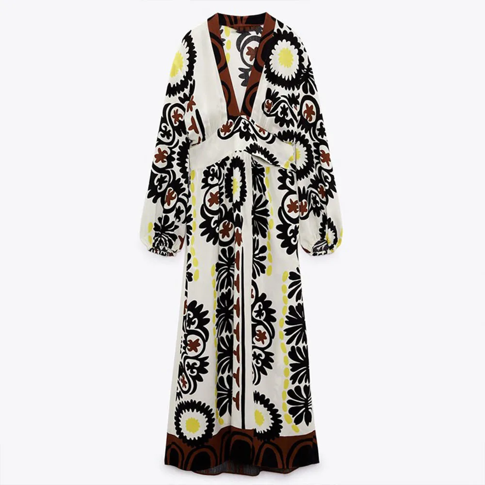 

TEELYNN Beach Wear Lantern Long Sleeve Dress Boho Print Maxi Summer Dresses for Women 2022 Casual Deep V Loose Vestidos Robe