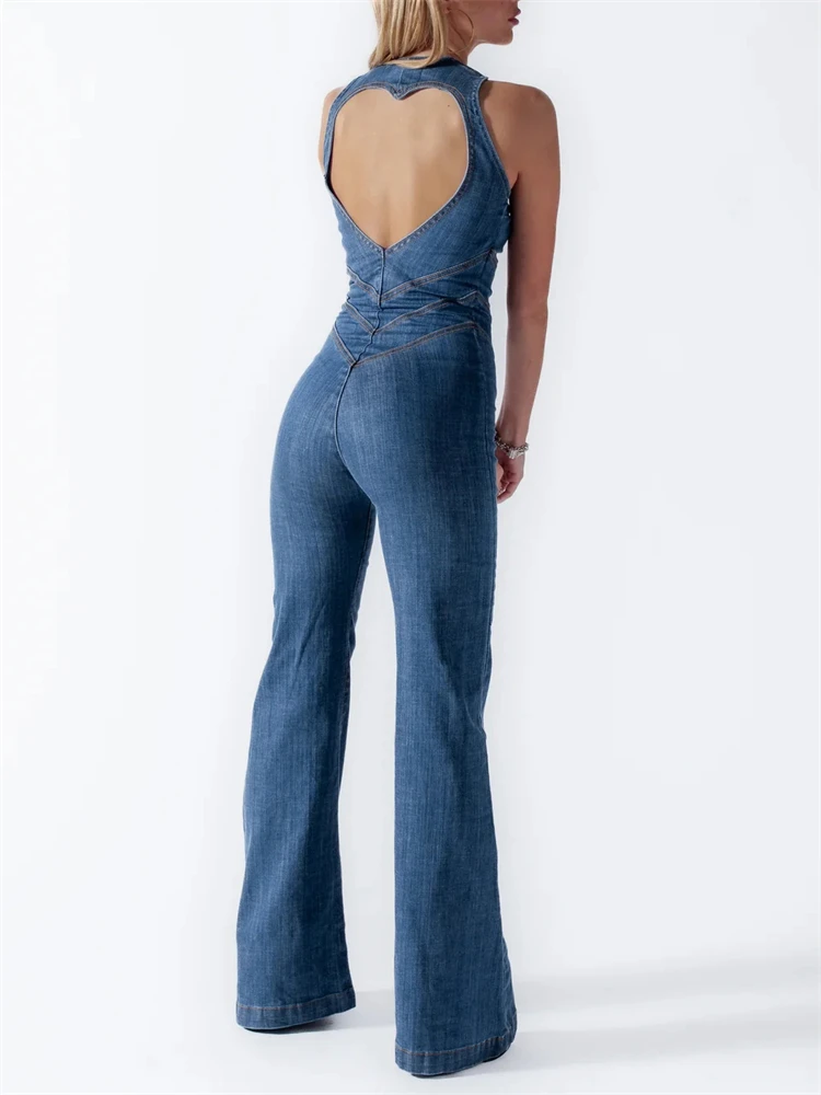 Denim Backless Sleeveless Jumpsuits Female Hollow Out Slim Fashion Heart Cutout Y2k Bodycon Jeans High Street Jumpsuits