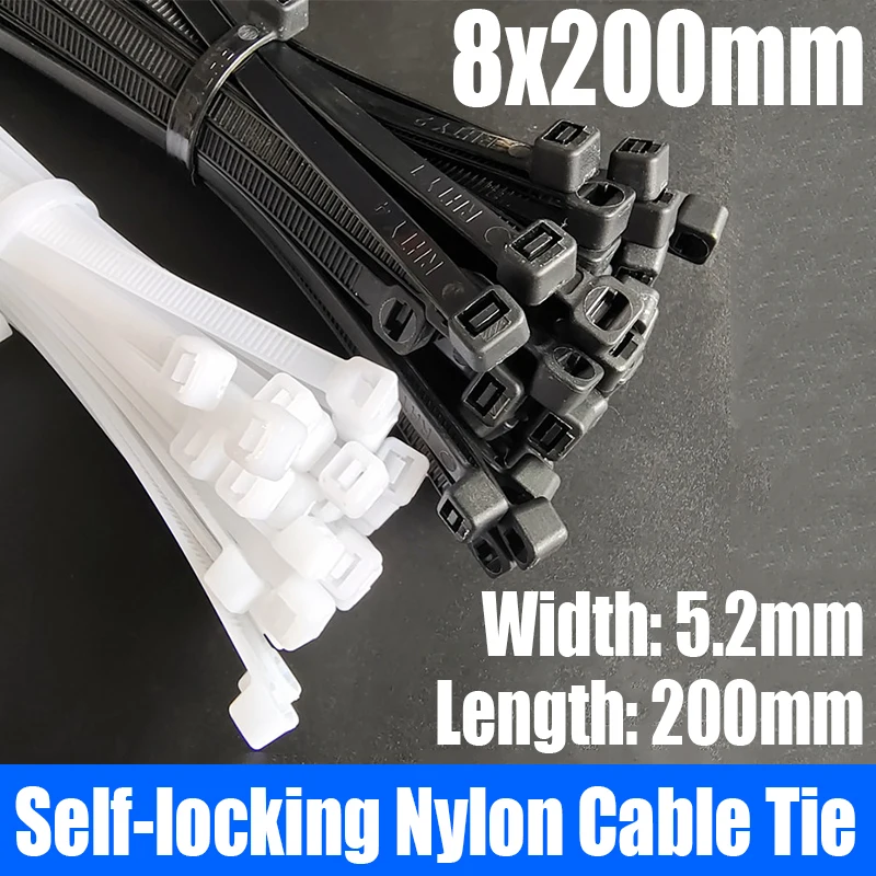 

250PCS White/Black Self-locking Plastic Nylon Cable Tie Zip Wrap Strap Nylon Cable Tie Cable/Wire Cable Tie Fastening Ring 8x200