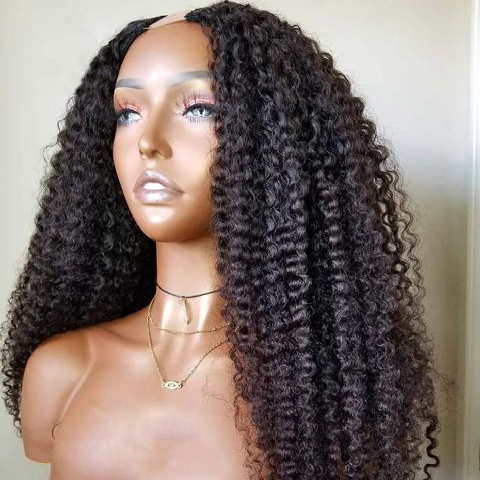 

Long Soft Natural Black 24inch Kinky Curly U Part Wig European Remy Human Hair Wig Jewish Glueless Wig For Women