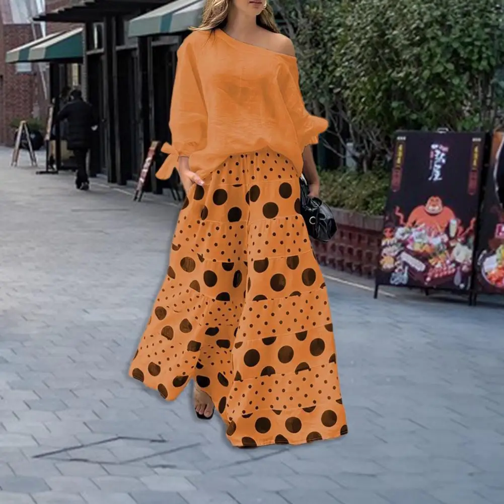 

Женский весенне-летний костюм, стильный женский комплект из 2 предметов, топ на одно плечо с широкими штанинами и бантом на манжетах, повседневная женская одежда