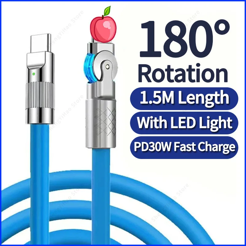 

USB Cable PD 30W 6A For iPhone 14 13 Type C to Lightning Fast Charging Data Wire Cord Liquid Silicone Interface 180° Rotatable