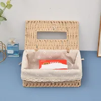 Grass Woven Tissue Box Drawstring Box Living Room Napkin Box Creative Fabric Extraction Solid Wood Tissue Storage Box 1