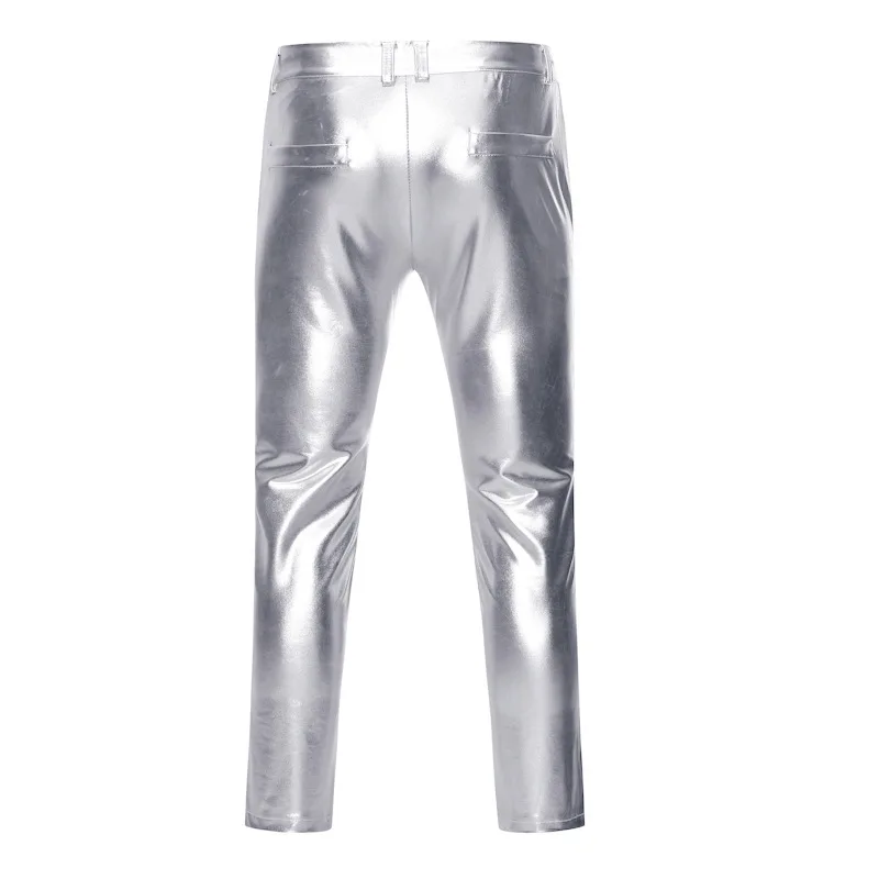 Fashion Silver Coated Metallic Pants for Men Brand PU Faux Motorcycle Pants Straight Leg Trousers Nightclub Stage Costume skinny pants leather pants men trousers
