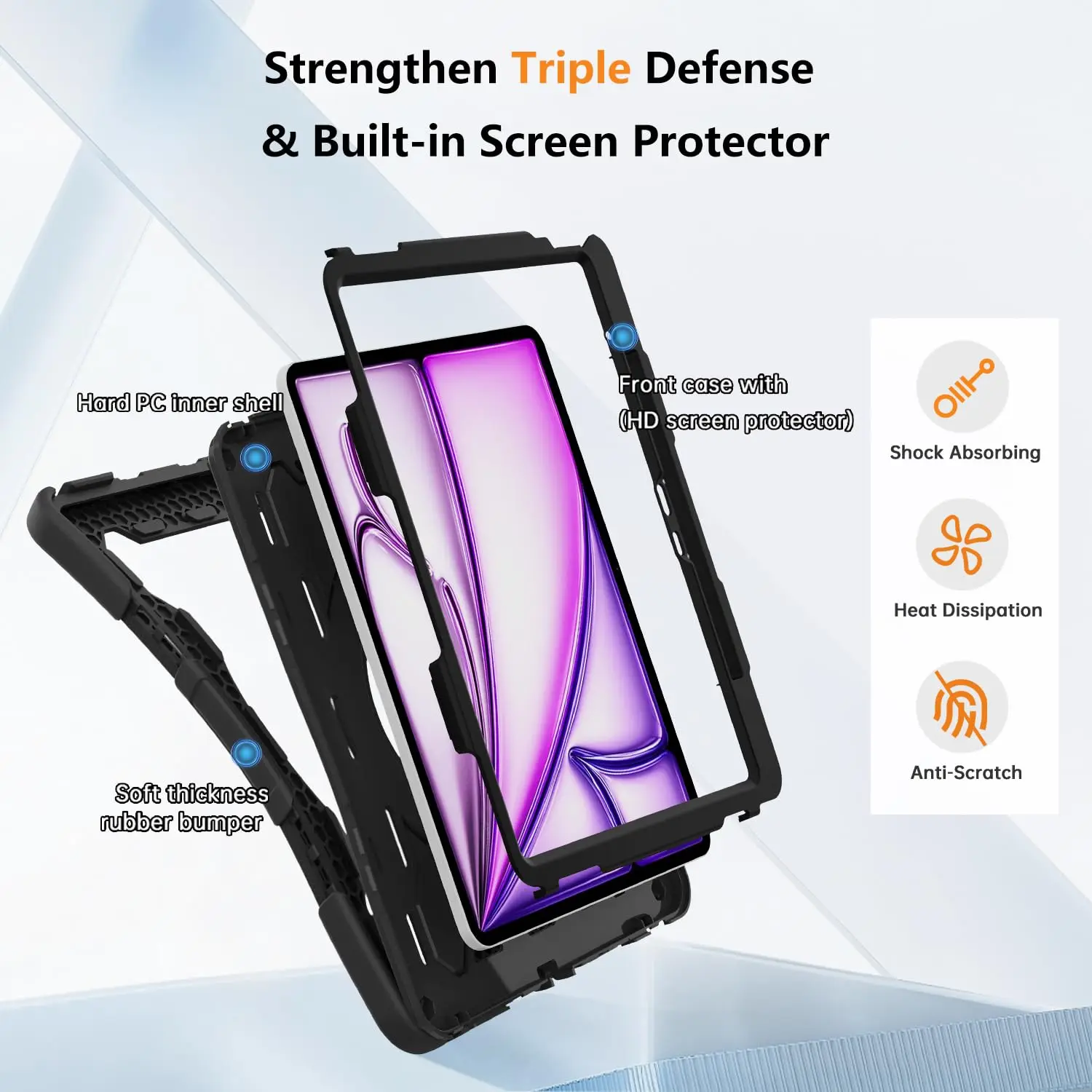 Heavy Duty Rotating Shockproof Tablet Case with Stand and Shoulder Strap - Black