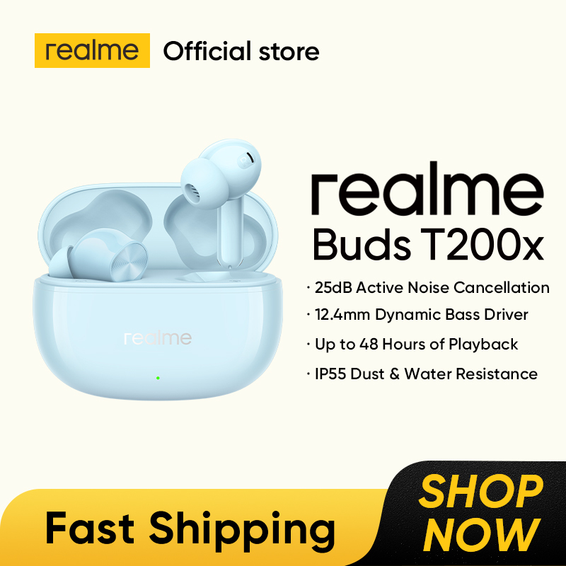 realme Buds T200x TWS Earphones 25dB Active Noise Cancellation 12.4mm Dynamic Bass Driver Up to 48 Hours of Playback IP55