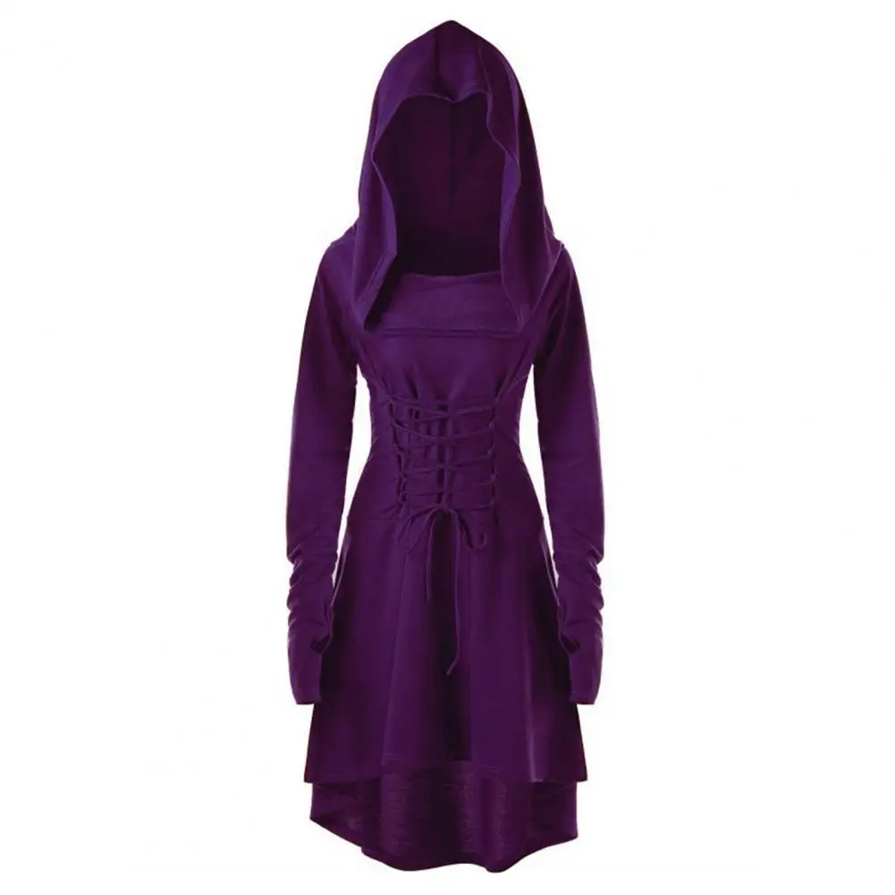 Women Cosplay Dress Gothic Lace-up Strap Hooded Long Sleeves Theme Parties Role-Playing Festival Halloween Midi Dress