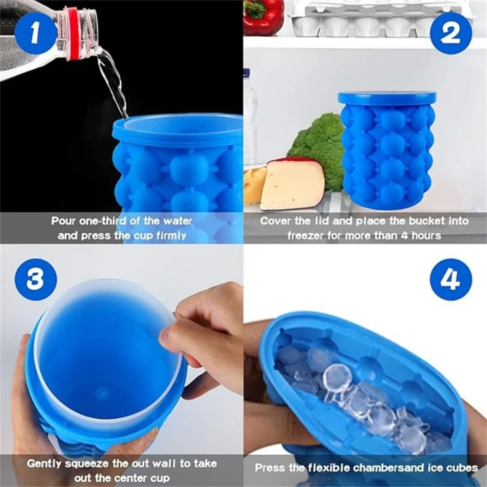 Ice Cube Mold Ice Trays Silicone Bucket Cup with Lid 2 in 1 Cube Maker for Frozen Cocktail Whiskey