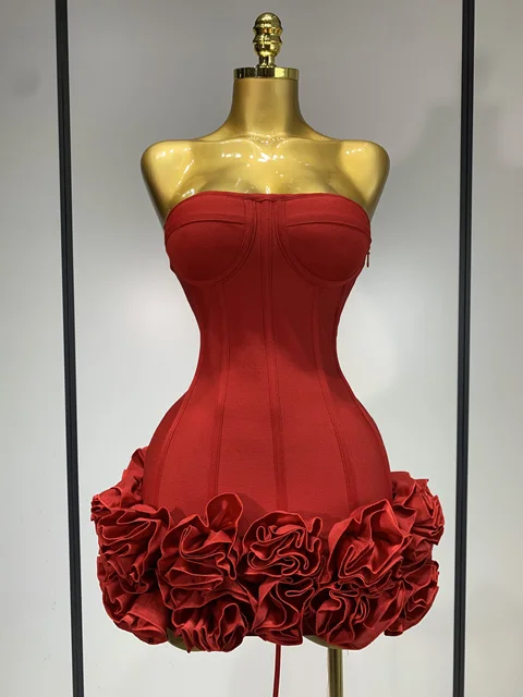 Women Sexy Strapless Backless Flower Embellished Mini Bandage Dress Bodycon Celebrity Party Cocktail Evening Party Club Dresses 1