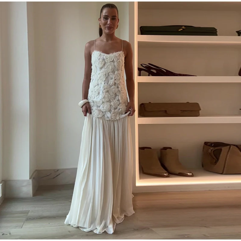 Elegant 3D Floral White Long Dress Women Patchwork Backless Pleated Party Evening Dresses Female 2025 Summer Lady A-line Robes