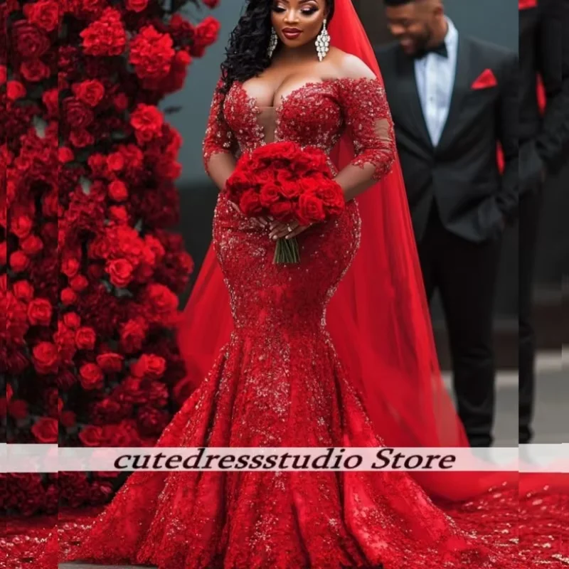 Charmante rote Pailletten-Hochzeitskleider afrikanische schulterfreie Brautkleider mit abgestuften Rüschen, Vestidos De Novia für Frauen, individuell gestaltet – Detail 1