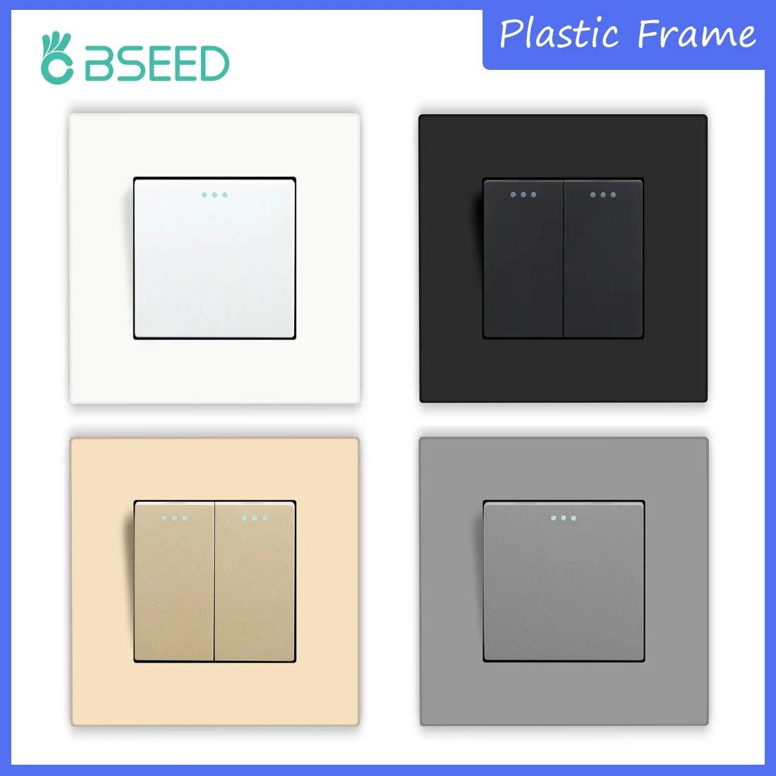 Bseed Eu Standard 1/2/3Gang Interruttore Luce Da Parete Interruttori A Pulsante Meccanici Pannello In Plastica A 1 Via Retroilluminazione Blu 10A