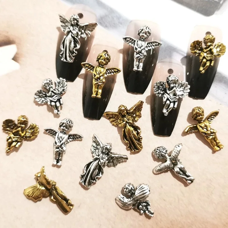 10Pcs 펑크 네일 합금 천사 디자인 합금 매력 골드/실버 3 모양 천사 네일 금..