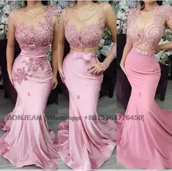 Fashion Blush Pink Lace Applique Satin Mermaid Bridesmaid Dresses Sleeveless Prom Party Gowns Maid Of With Bow Tailing Evening