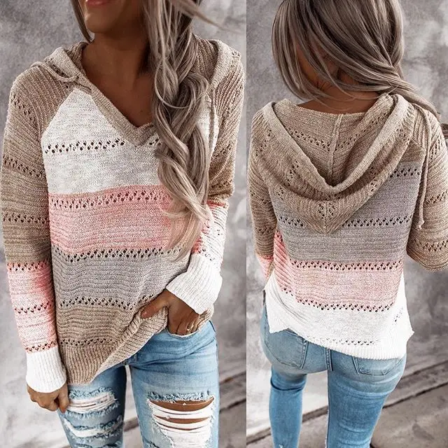 

Sweater for Women Fall Street Trend Pullover Striped V-Neck Fashion Loose Casual Hooded Blouse