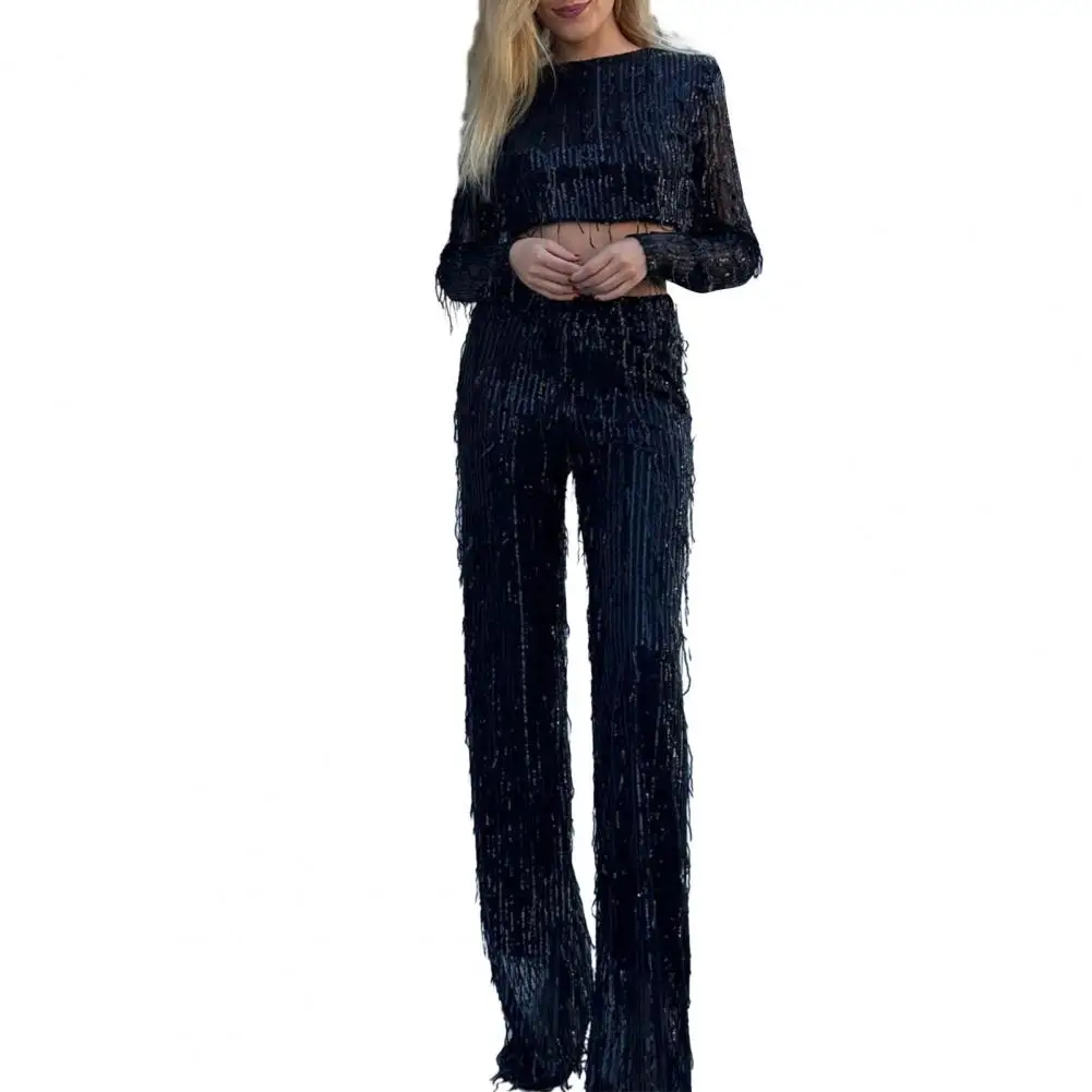 Tassel Sequin Party Outfit Set Sequin Tassel Party Outfit Set with Cropped Tops Wide Leg Pants for Women Fashionable for Street