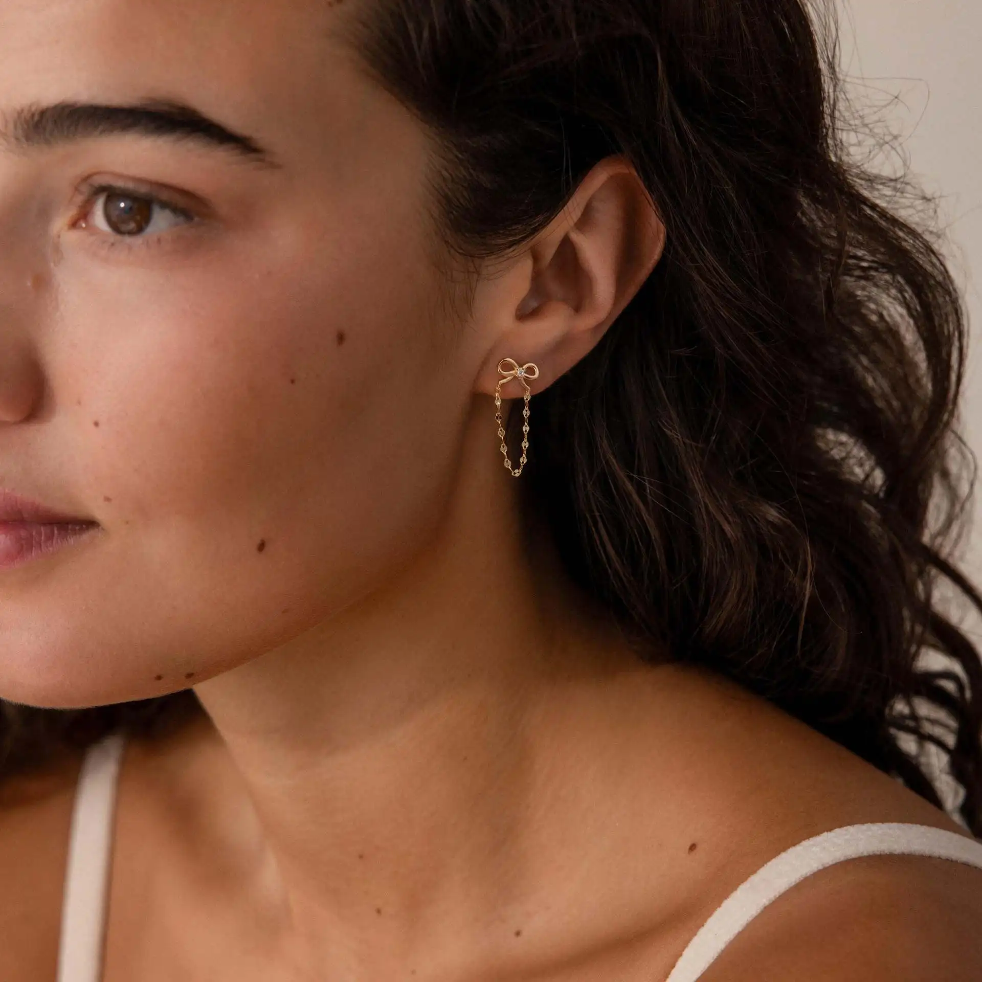 Stainless Steel Small Bowknot Zircon Stud Gold Plated Metal Chain Geometric Bow Mini Drop Earrings Women Girl Party Gift Jewelry