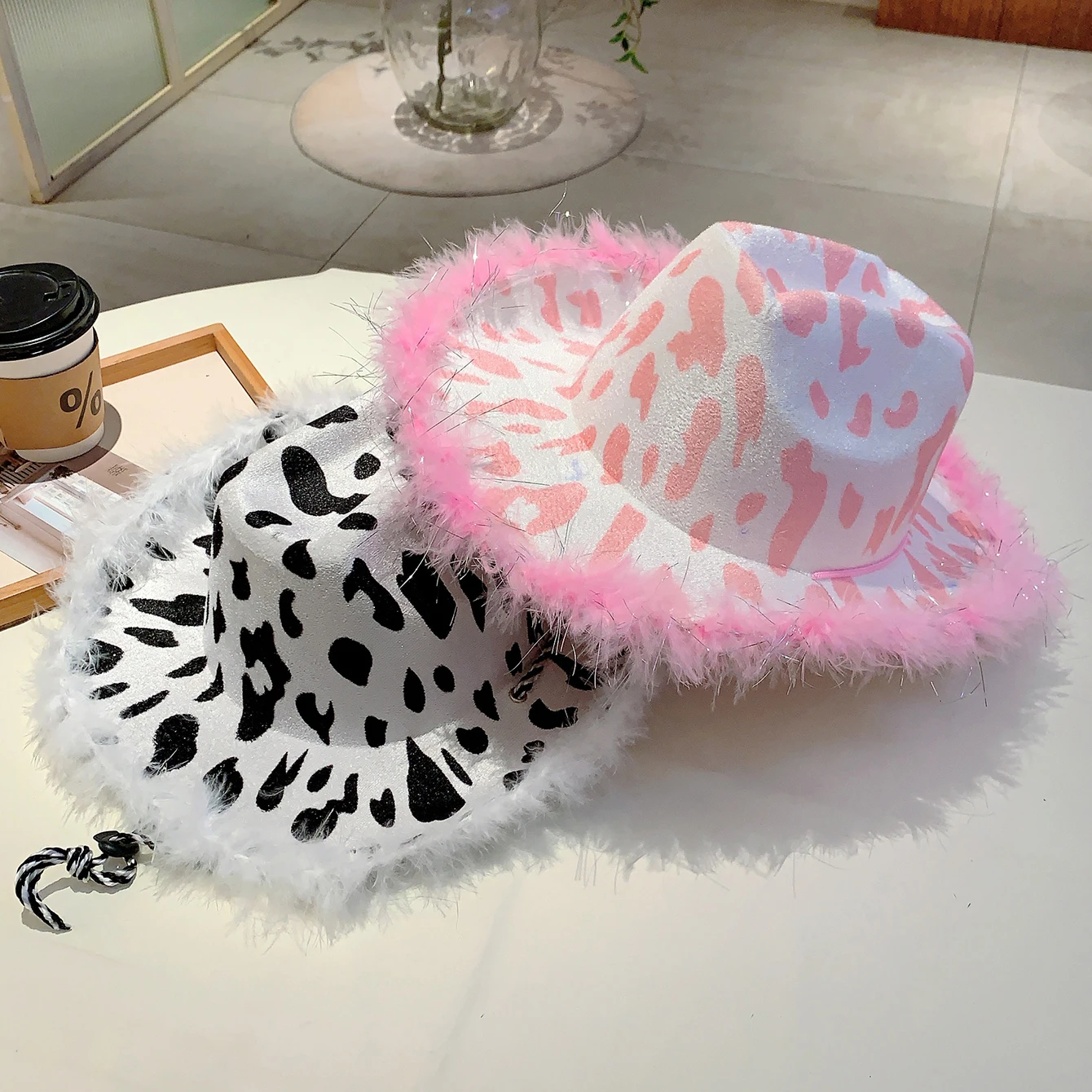 KAMMPT Western Design Pink Cowboy Hat Women Performance Lanyard Fancy Dress Hat Fashion Feather Decor Travelling Outdoor